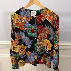 Vintage Dahan 100% Silk Vibrant Floral Women's Blouse Top Shirt Sz 12 Hong Kong